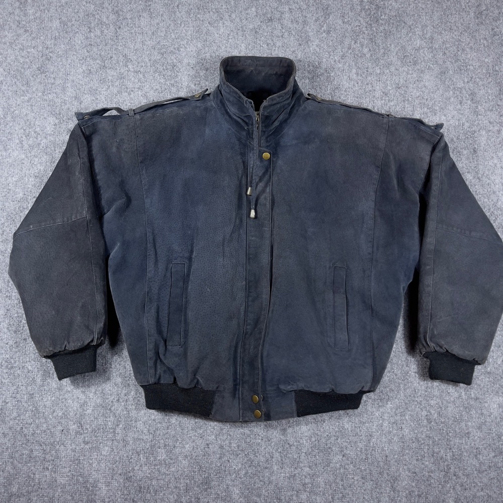 Vintage 188 West Bomber Jacket Mens L Navy Blue Pig Split Leather Quilted